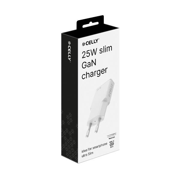 Celly SLIMTC1C25W - Slim wall charger with USB-C ports, 1 cm wide, GaN technology, 25W