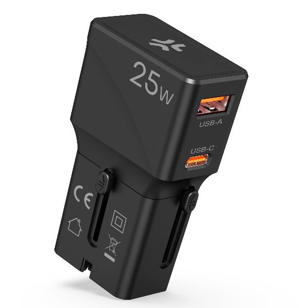 Celly MULTIPLUGSL25W - Travel charger 25W, international sockets, compatible in over 150 countries, dual USB-A and USB-C ports