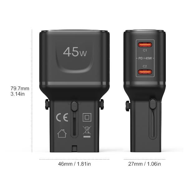 Celly MULTIPLUGSL45W- Travel charger 45W, international sockets, compatible in over 150 countries, dual USB-A and USB-C ports