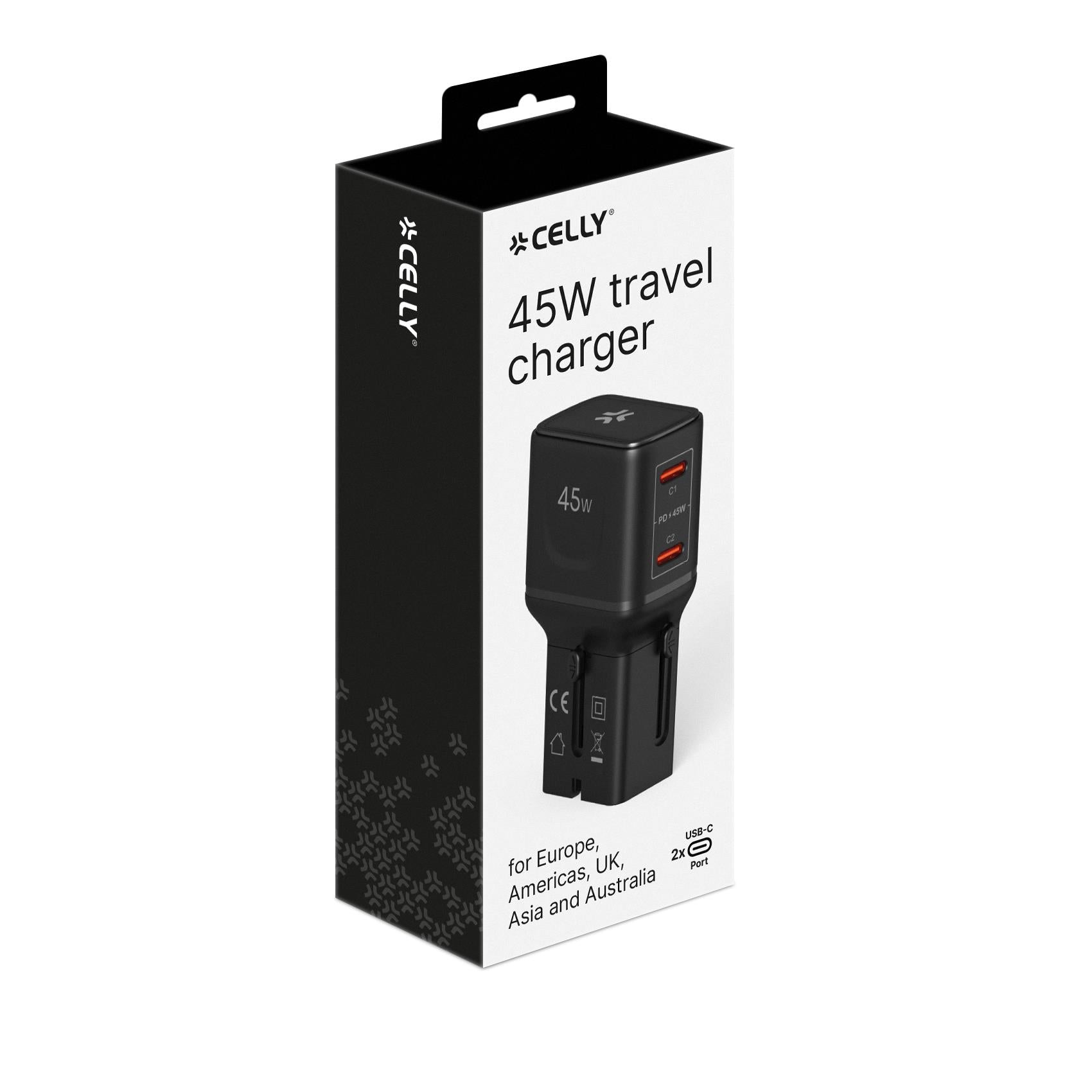 Celly MULTIPLUGSL45W- Travel charger 45W, international sockets, compatible in over 150 countries, dual USB-A and USB-C ports