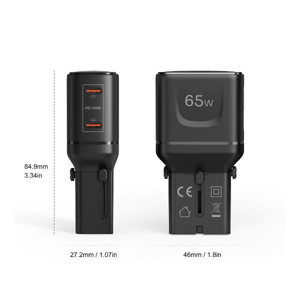 Celly MULTIPLUGSL65W- Travel charger 65W, international sockets, compatible in over 150 countries, dual USB-C ports