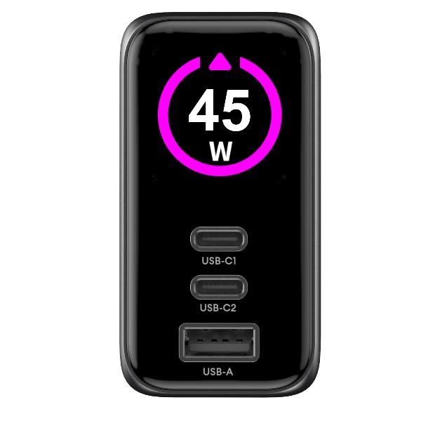 Celly TCSCREEN2C1A45W - GaN 45W Wall charger with triple USB-C and USB-A ports, integrated LED display with touch button