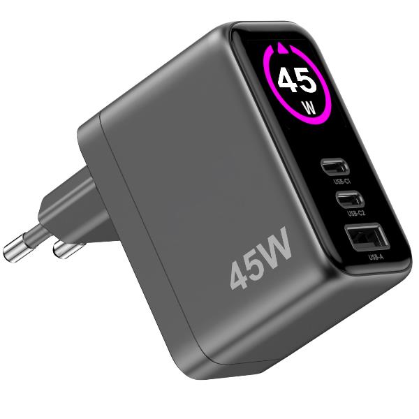 Celly TCSCREEN2C1A45W - GaN 45W Wall charger with triple USB-C and USB-A ports, integrated LED display with touch button