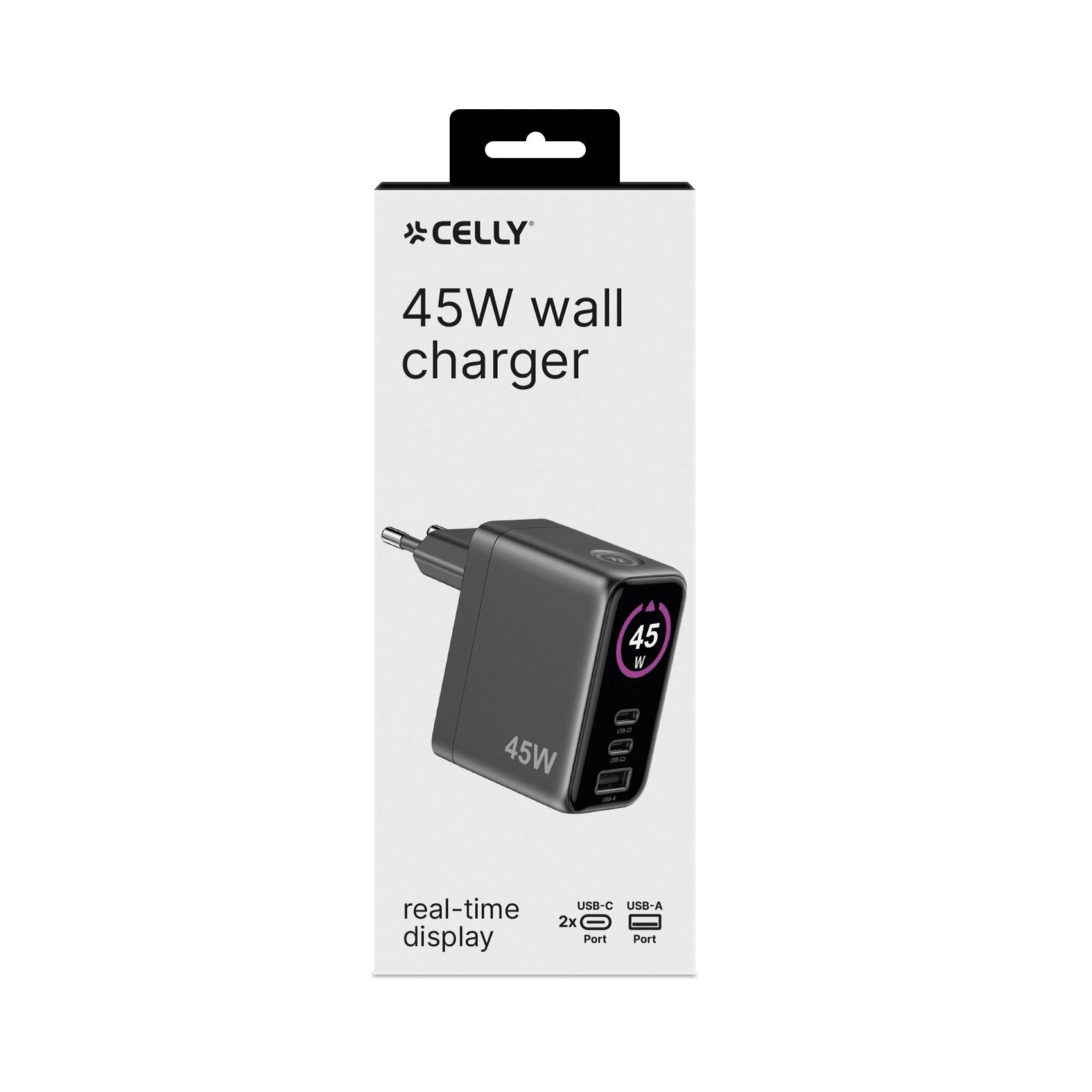Celly TCSCREEN2C1A45W - GaN 45W Wall charger with triple USB-C and USB-A ports, integrated LED display with touch button