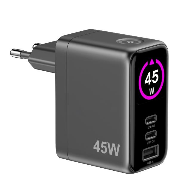 Celly TCSCREEN2C1A45W - GaN 45W Wall charger with triple USB-C and USB-A ports, integrated LED display with touch button