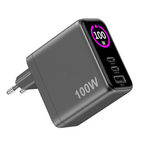 Celly TCSCREEN2C1A100 - GaN 100W Wall charger with triple USB-C and USB-A ports, integrated LED display with touch button