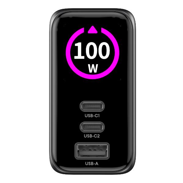 Celly TCSCREEN2C1A100 - GaN 100W Wall charger with triple USB-C and USB-A ports, integrated LED display with touch button