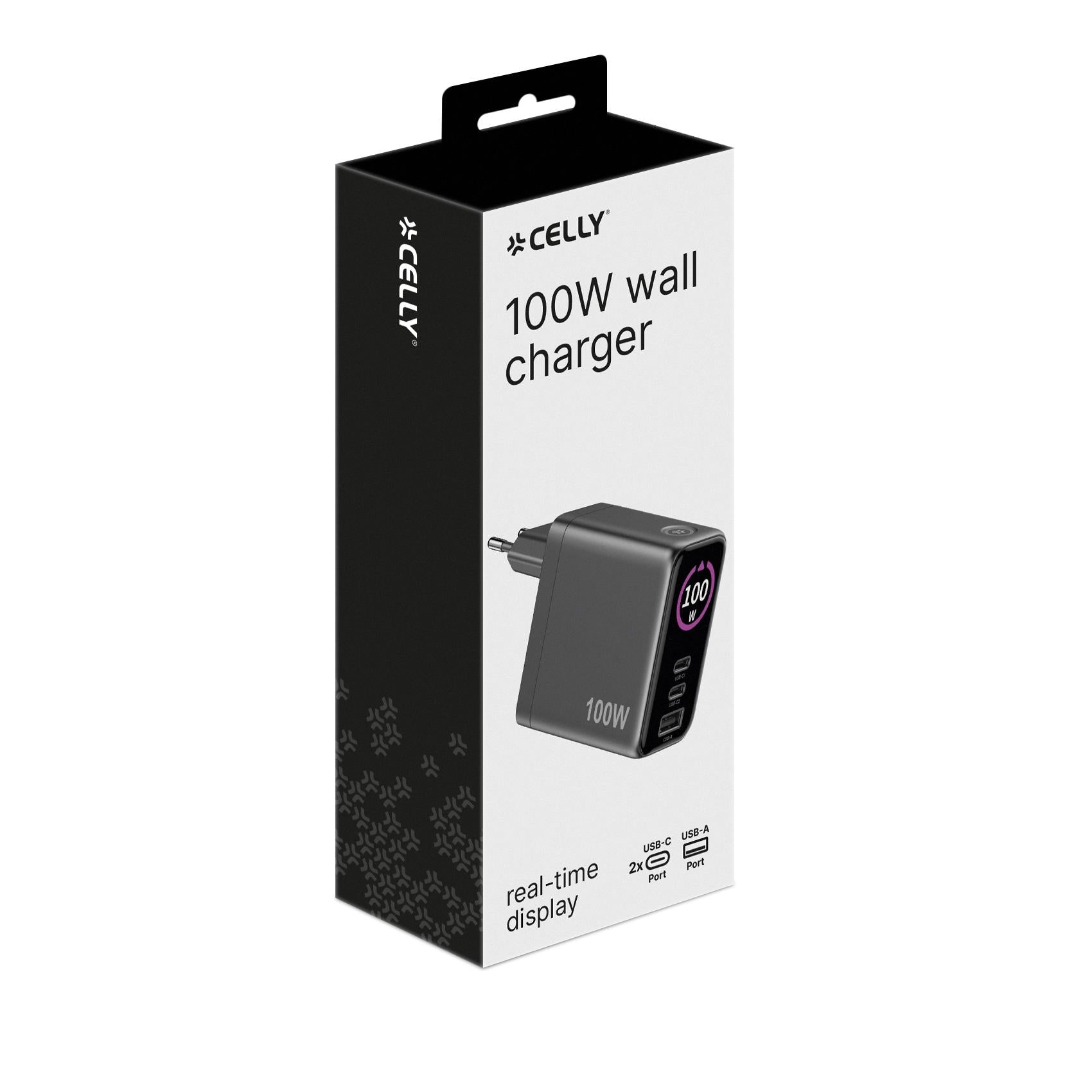 Celly TCSCREEN2C1A100 - GaN 100W Wall charger with triple USB-C and USB-A ports, integrated LED display with touch button