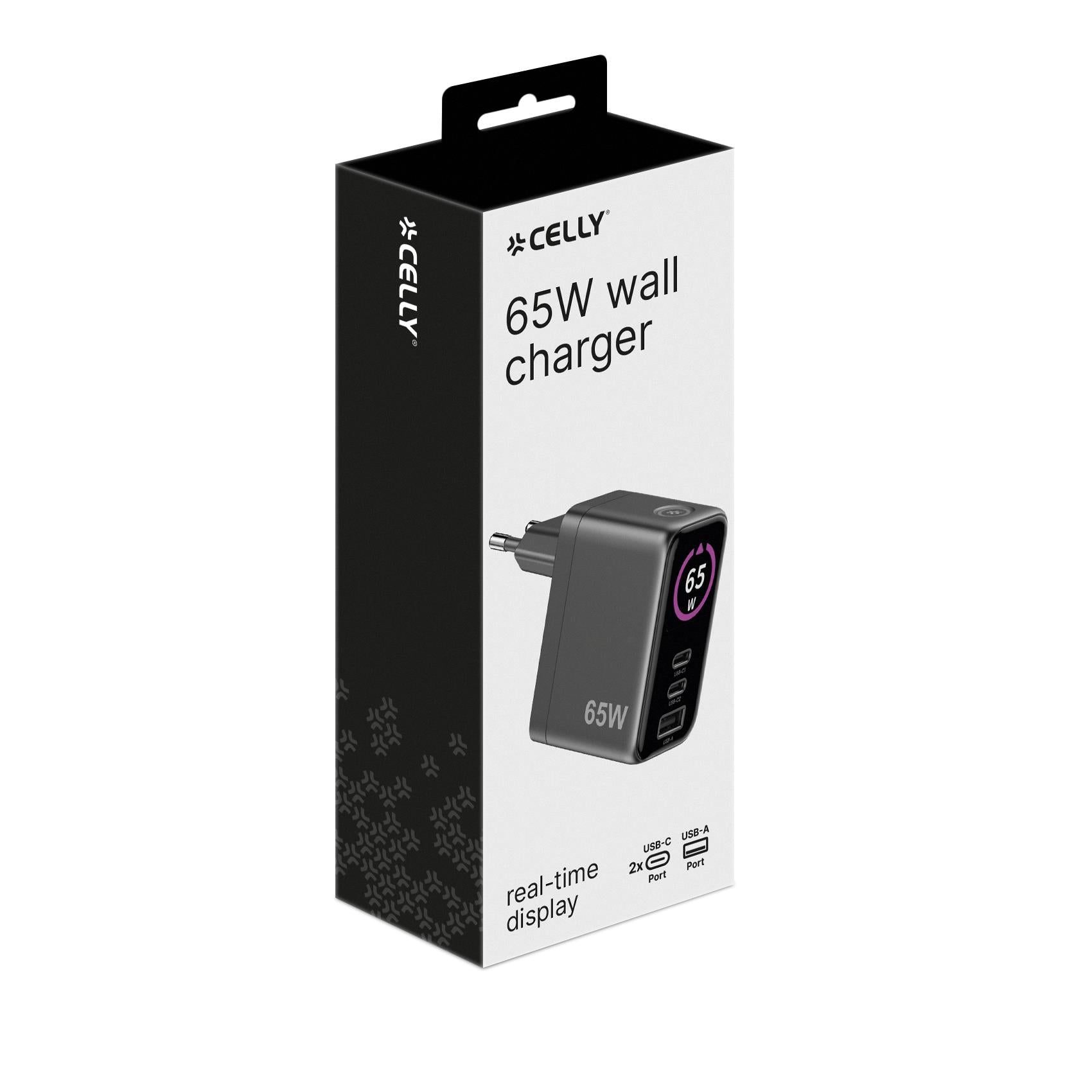 Celly TCSCREEN2C1A65W - GaN 65W Wall charger with triple USB-C and USB-A ports, integrated LED display with touch button