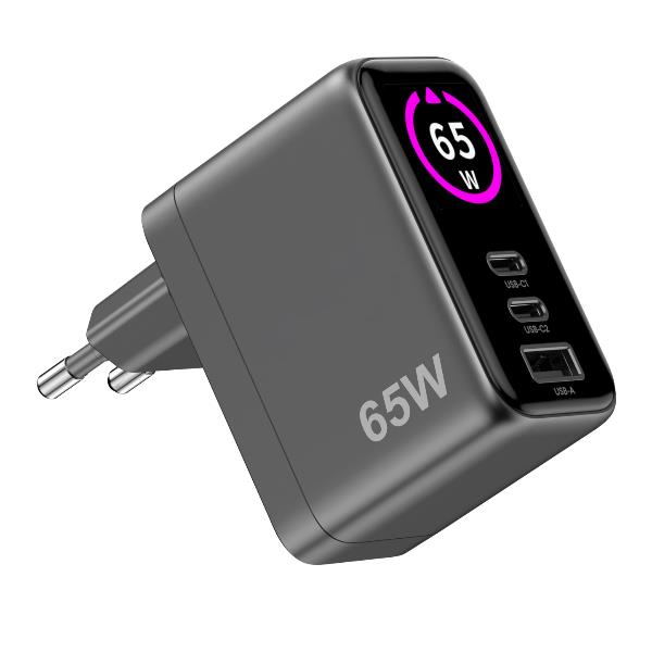 Celly TCSCREEN2C1A65W - GaN 65W Wall charger with triple USB-C and USB-A ports, integrated LED display with touch button