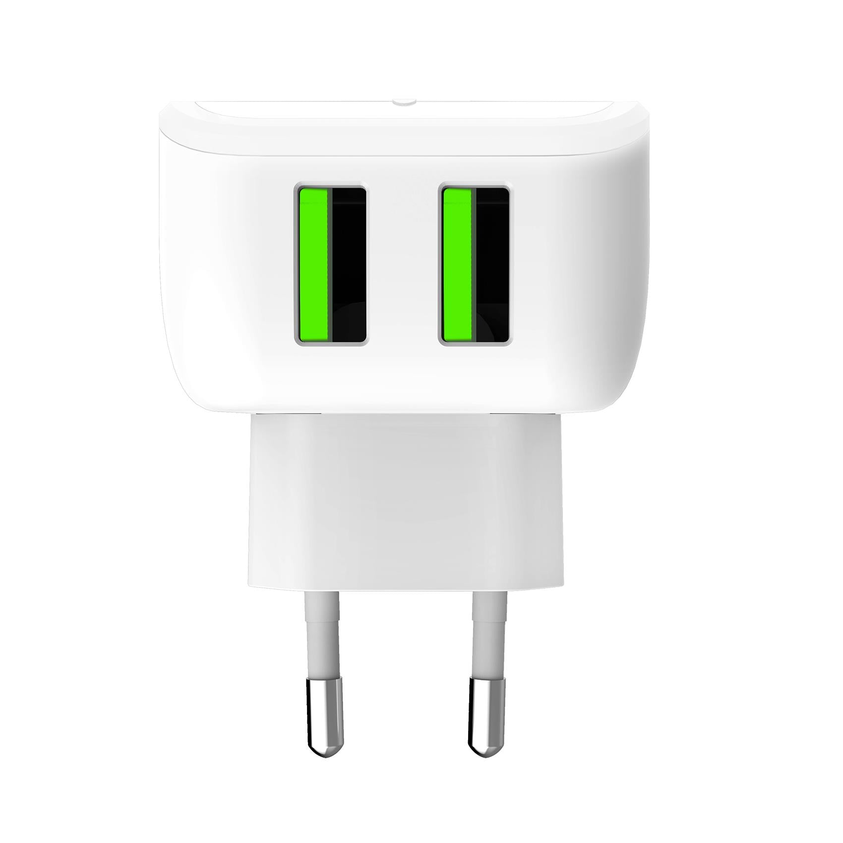 TRAVEL CHARGER 2USB 12W LED WHITE