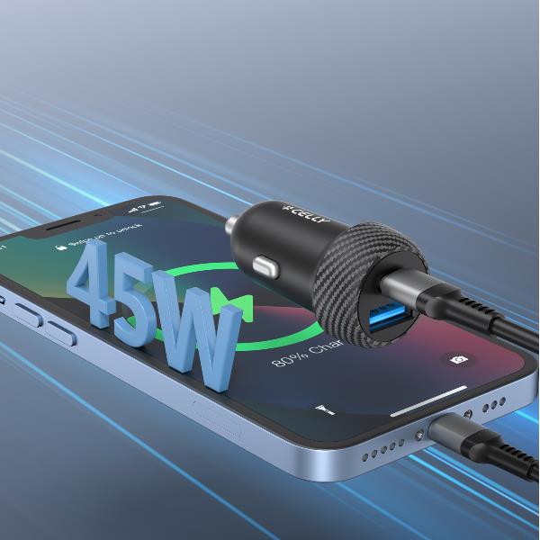 Celly CC1USBC1USBA45W - Car charger with dual USB-C and USB-A ports, maximum power 45 Watts