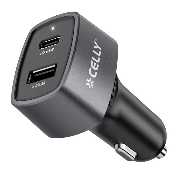 Celly CC1USBC1USBA65W - Car charger with dual USB-C and USB-A ports, maximum power 65 Watts