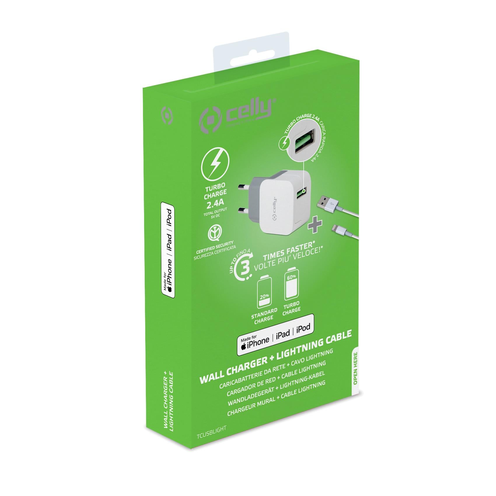 Celly TCUSBLIGHT - Wall Charger USB-A+USB-A to Lightning Cable 12W