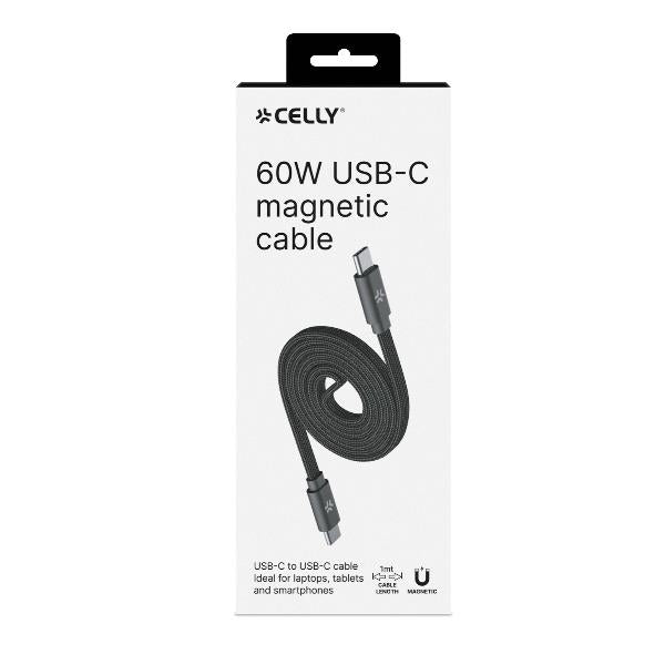 Celly USBC2MAG1M60 - USB-C to USB-C cable, 1 meter long, 60 Watt maximum power, integrated magnetic system to rewind the cable