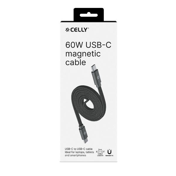 Celly USBC2MAG2M60- USB-C to USB-C cable, 2 meter long, 60 Watt maximum power, integrated magnetic system to rewind the cable (Copy)