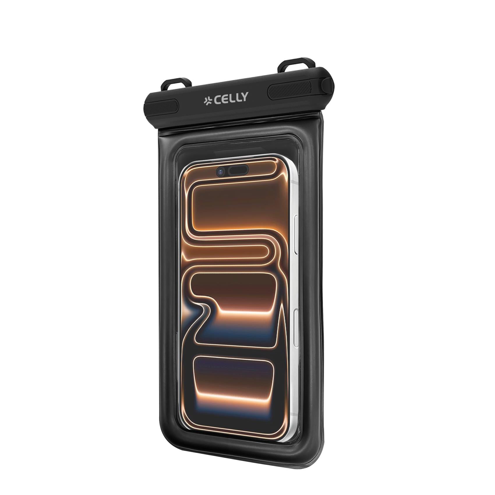 Celly SPLASHBAGFLBK - Floating Waterproof Case for Smartphones up to 7.2", Transparent Design, Airtight Seal, Integrated Neck Strap