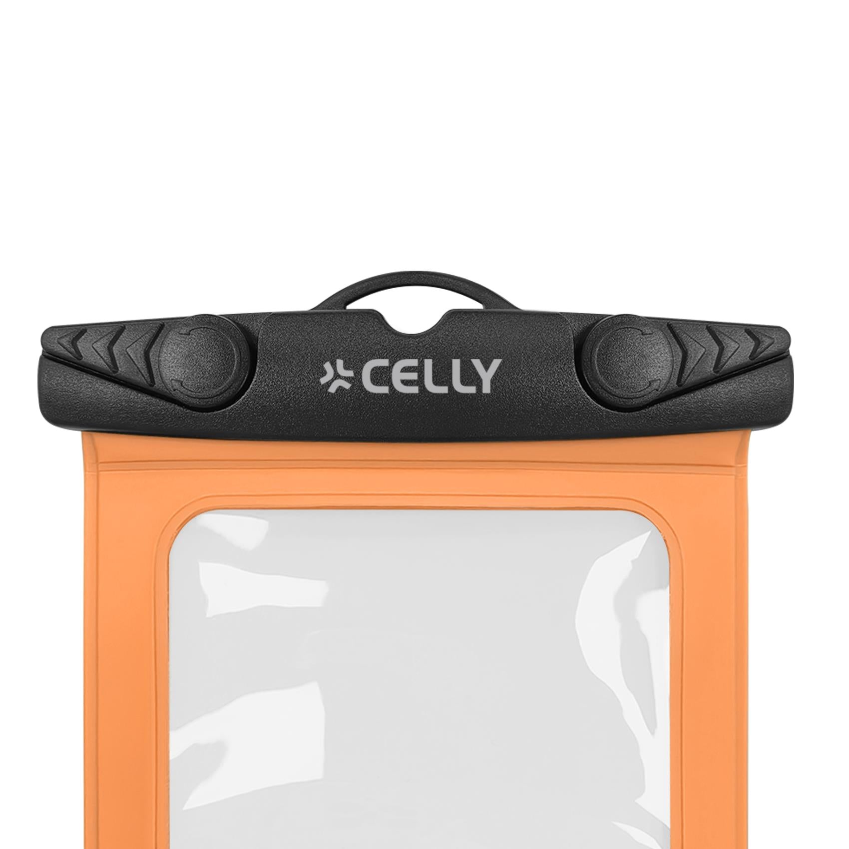 Celly SPLASHBAG26OR - Waterproof case for smartphones up to 7" display size, transparent design, hermetic closure, neck strap included