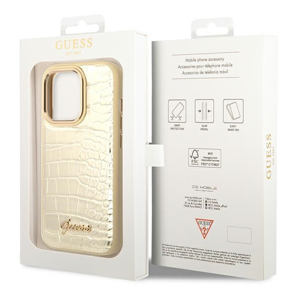 Guess GUHCP14LHGCRHD iPhone 14 Pro Gold hardcase Croco Collection