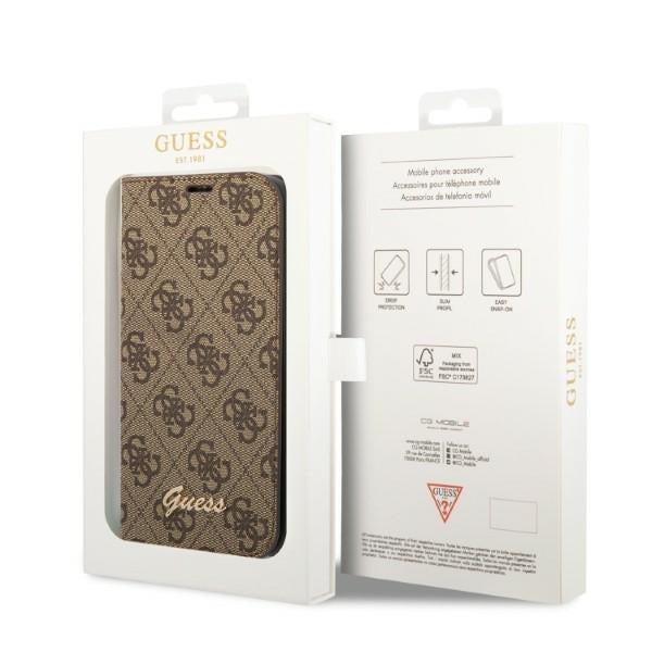 Guess GUBKP14MHG4SHW iPhone 14 Plus / 15 Plus brown book 4G Vintage Gold Logo