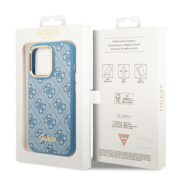 Guess GUHCP14LHG4SHB iPhone 14 Pro blue hard case 4G Vintage Gold Logo