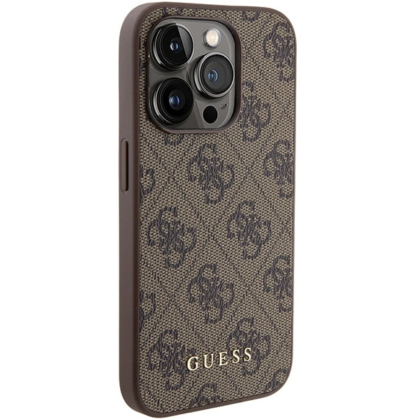 Guess GUHCP15LG4GFBR iPhone 15 Pro brown hard case 4G Metal Gold Logo