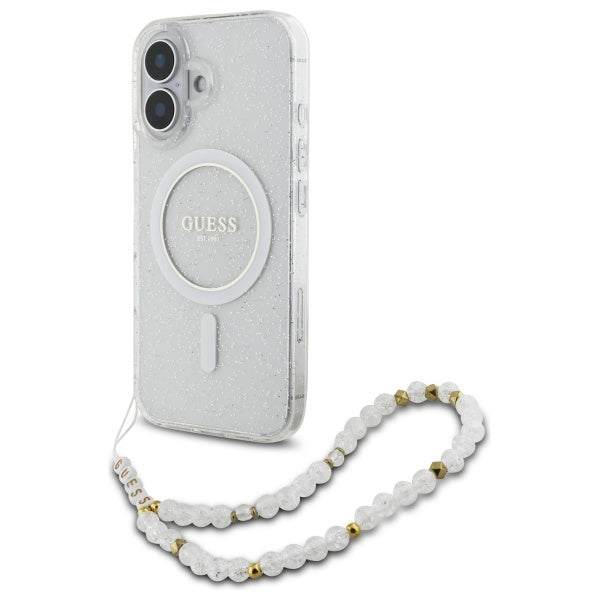 Guess GUHMP16SHGCRELST iPhone 16 transparent hardcase IML Glitter With Pearl Strap MagSafe