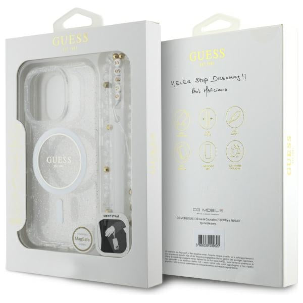 Guess GUHMP16XHGCRELST iPhone 16 Pro Max transparent hardcase IML Glitter With Pearl Strap MagSafe