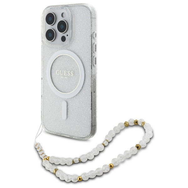 Guess GUHMP16LHGCRELST iPhone 16 Pro transparent hardcase IML Glitter With Pearl Strap MagSafe