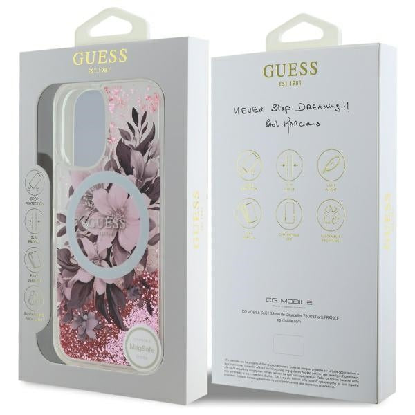 Guess GUHMP16SLFMWTP iPhone 16 pink hardcase Liquid Glitter Flower MagSafe