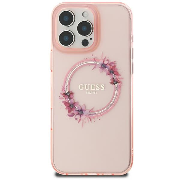 Guess GUHMP16XHFWFCP iPhone 16 Pro Max pink hardcase IML Flowers Wreath MagSafe