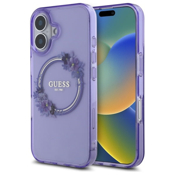 Guess GUHMP16SHFWFCU iPhone 16 purple hardcase IML Flowers Wreath MagSafe