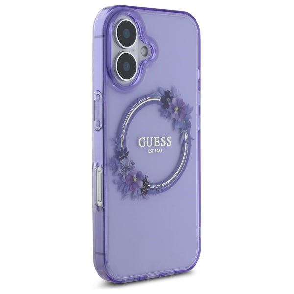 Guess GUHMP16SHFWFCU iPhone 16 purple hardcase IML Flowers Wreath MagSafe