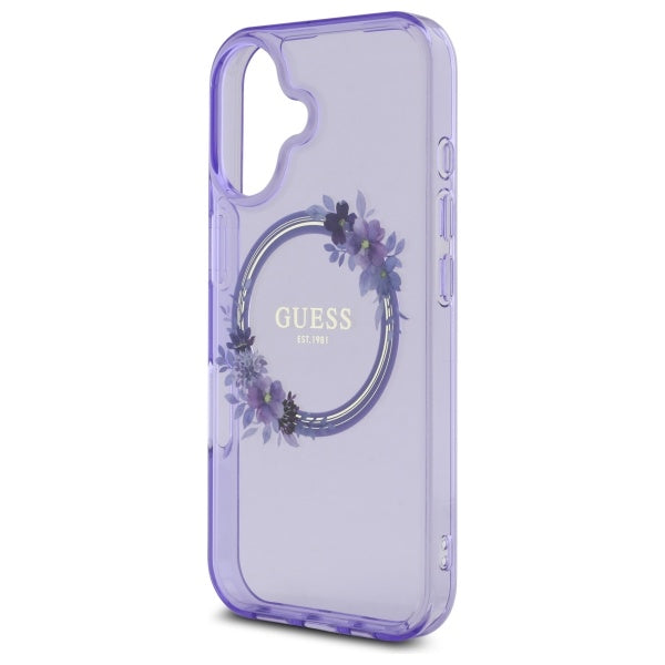 Guess GUHMP16SHFWFCU iPhone 16 purple hardcase IML Flowers Wreath MagSafe