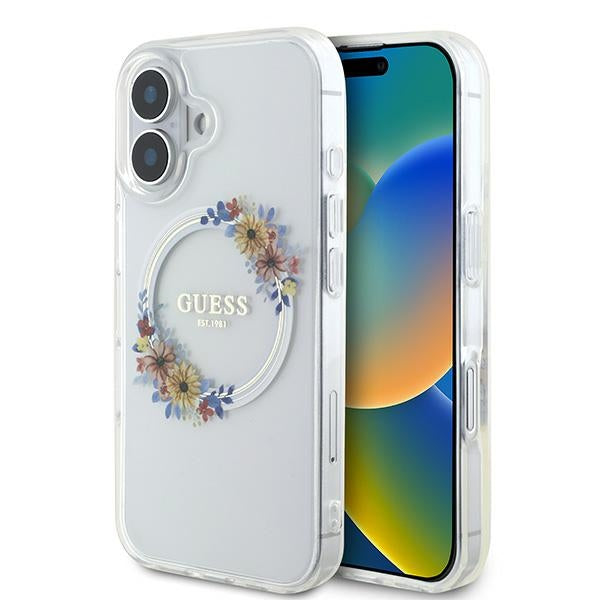 Guess GUHMP16MHFWFCT iPhone 16 Plus transparent hardcase IML Flowers Wreath MagSafe