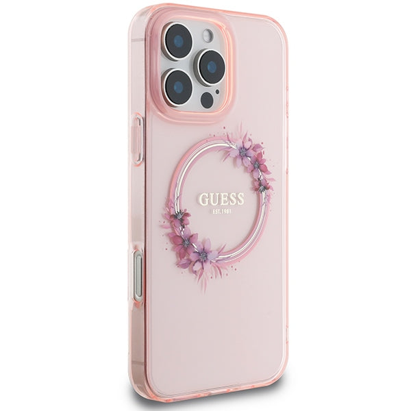 Guess GUHMP16XHFWFCP iPhone 16 Pro Max pink hardcase IML Flowers Wreath MagSafe