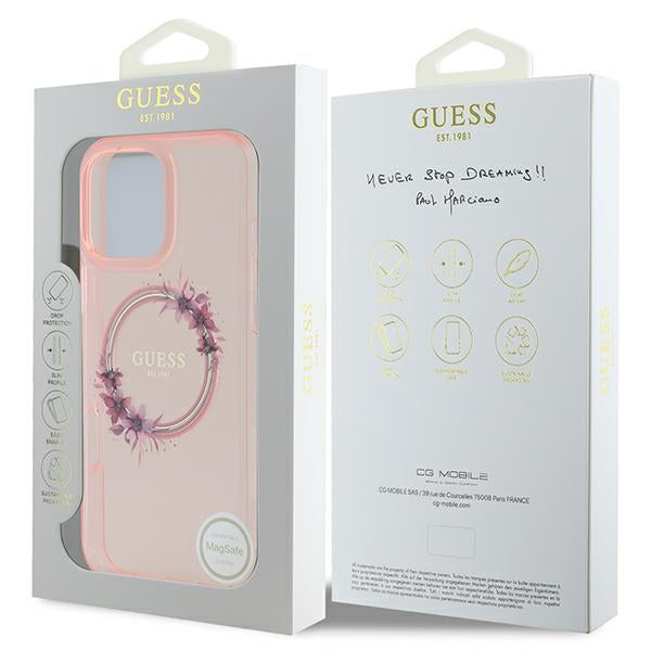 Guess GUHMP16XHFWFCP iPhone 16 Pro Max pink hardcase IML Flowers Wreath MagSafe