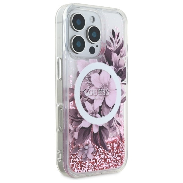 Guess GUHMP16XLFMWTP iPhone 16 Pro Max pink hardcase Liquid Glitter Flower MagSafe