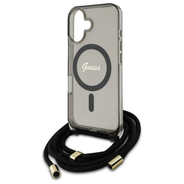 Guess GUHMP16SHCTSGNSK iPhone 16 black hardcase Crossbody Cord Script MagSafe