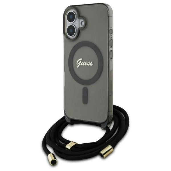 Guess GUHMP16SHCTSGNSK iPhone 16 black hardcase Crossbody Cord Script MagSafe