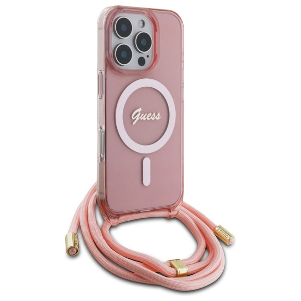 Guess GUHMP16XHCTSGNSP iPhone 16 Pro Max pink hardcase Crossbody Cord Script MagSafe