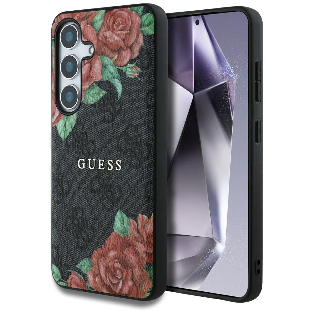Guess Leather 4G Flowers Print Metal Classic Logo MagSafe Case Samsung Galaxy S25 black