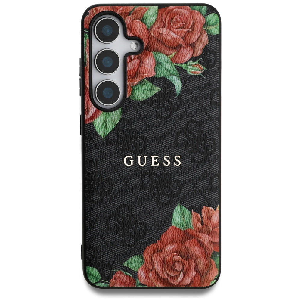 Guess Leather 4G Flowers Print Metal Classic Logo MagSafe Case Samsung Galaxy S25 black