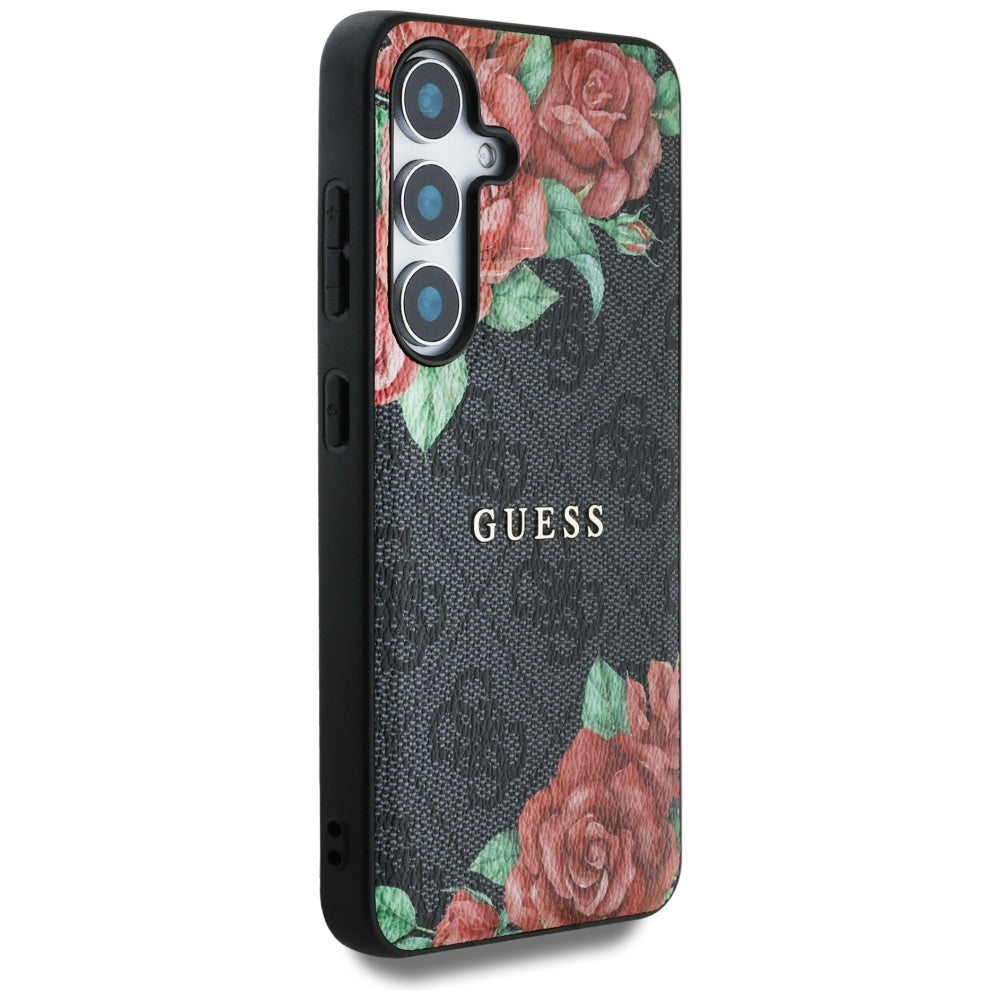 Guess Leather 4G Flowers Print Metal Classic Logo MagSafe Case Samsung Galaxy S25 black