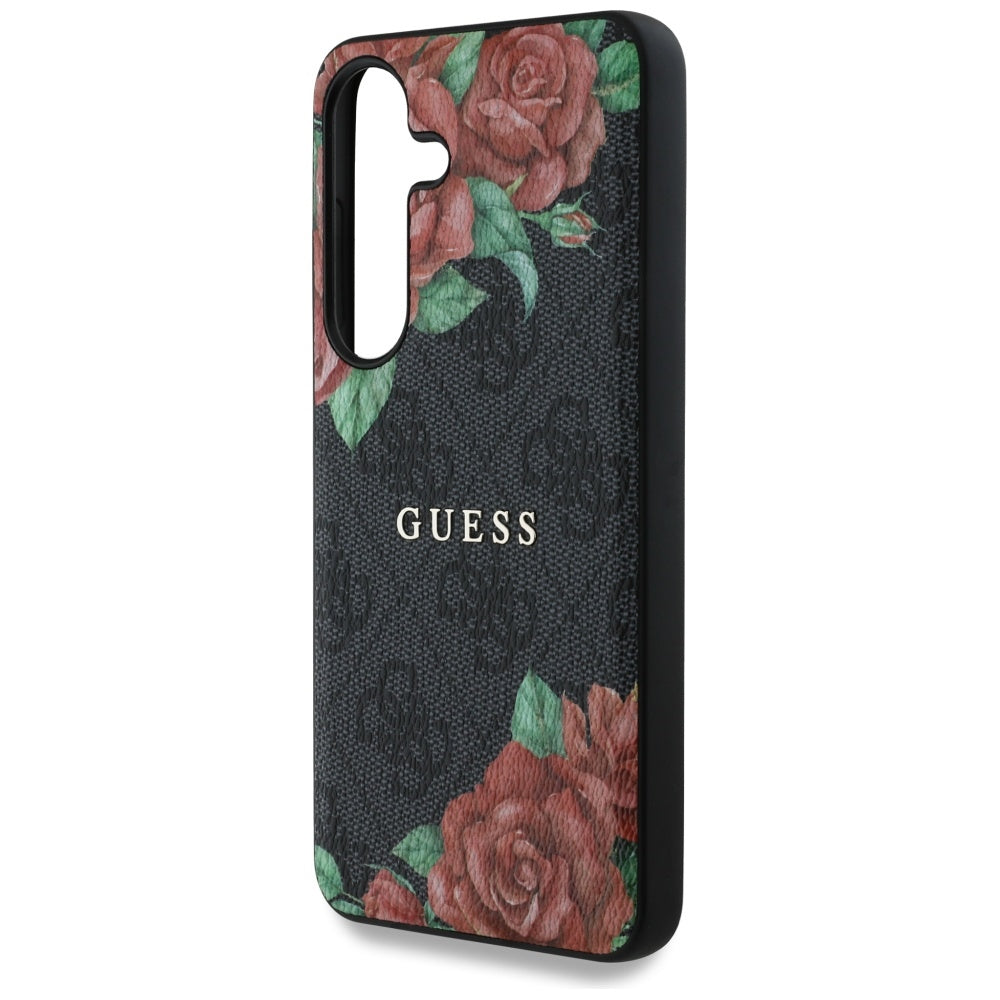 Guess Leather 4G Flowers Print Metal Classic Logo MagSafe Case Samsung Galaxy S25 black