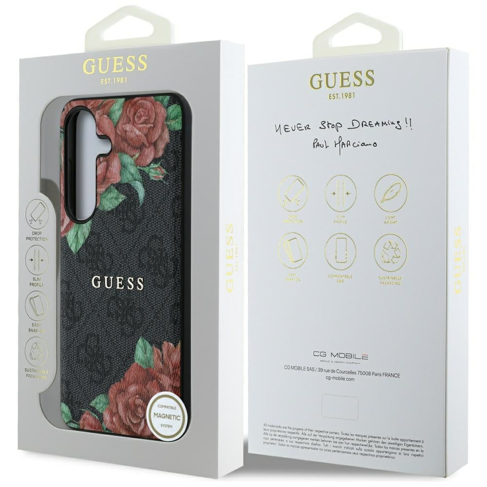 Guess Leather 4G Flowers Print Metal Classic Logo MagSafe Case Samsung Galaxy S25 black