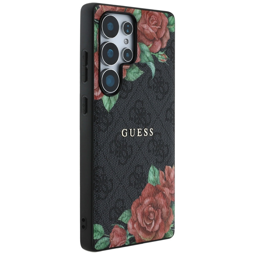 Guess Leather 4G Flowers Print Metal Classic Logo MagSafe Case Samsung Galaxy S25 Ultra black
