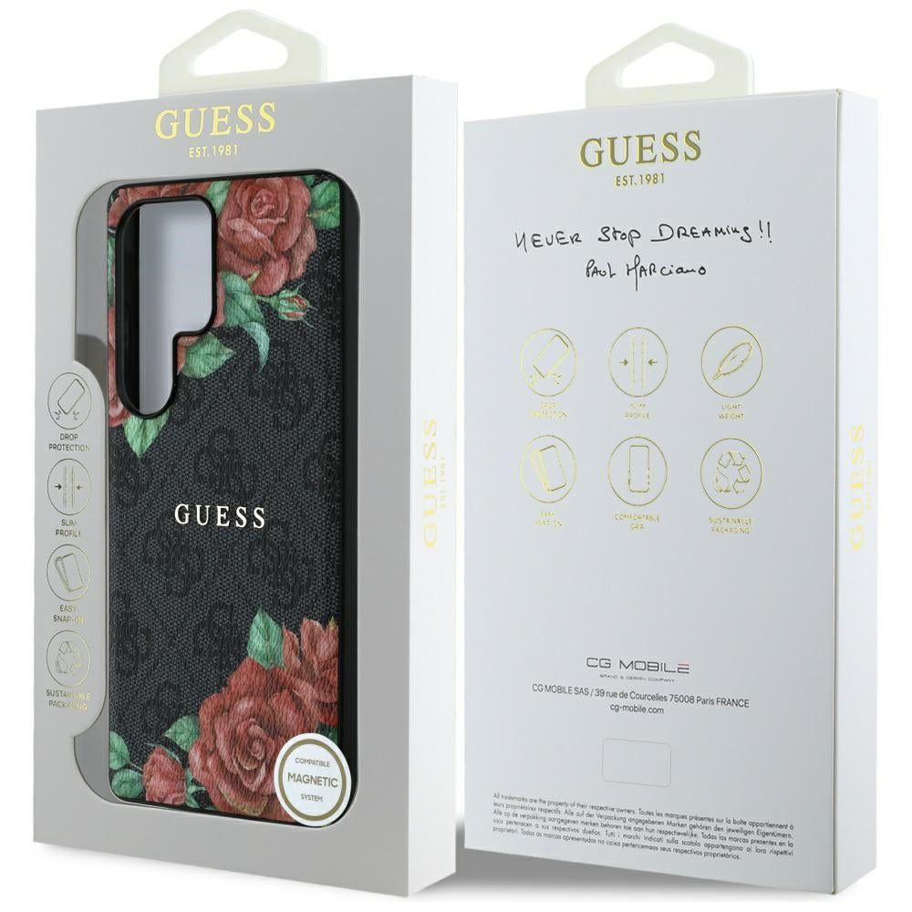 Guess Leather 4G Flowers Print Metal Classic Logo MagSafe Case Samsung Galaxy S25 Ultra black