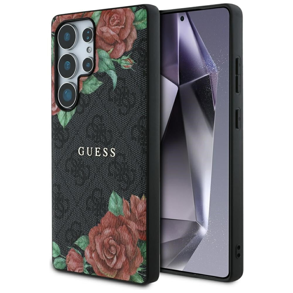Guess Leather 4G Flowers Print Metal Classic Logo MagSafe Case Samsung Galaxy S25 Ultra black