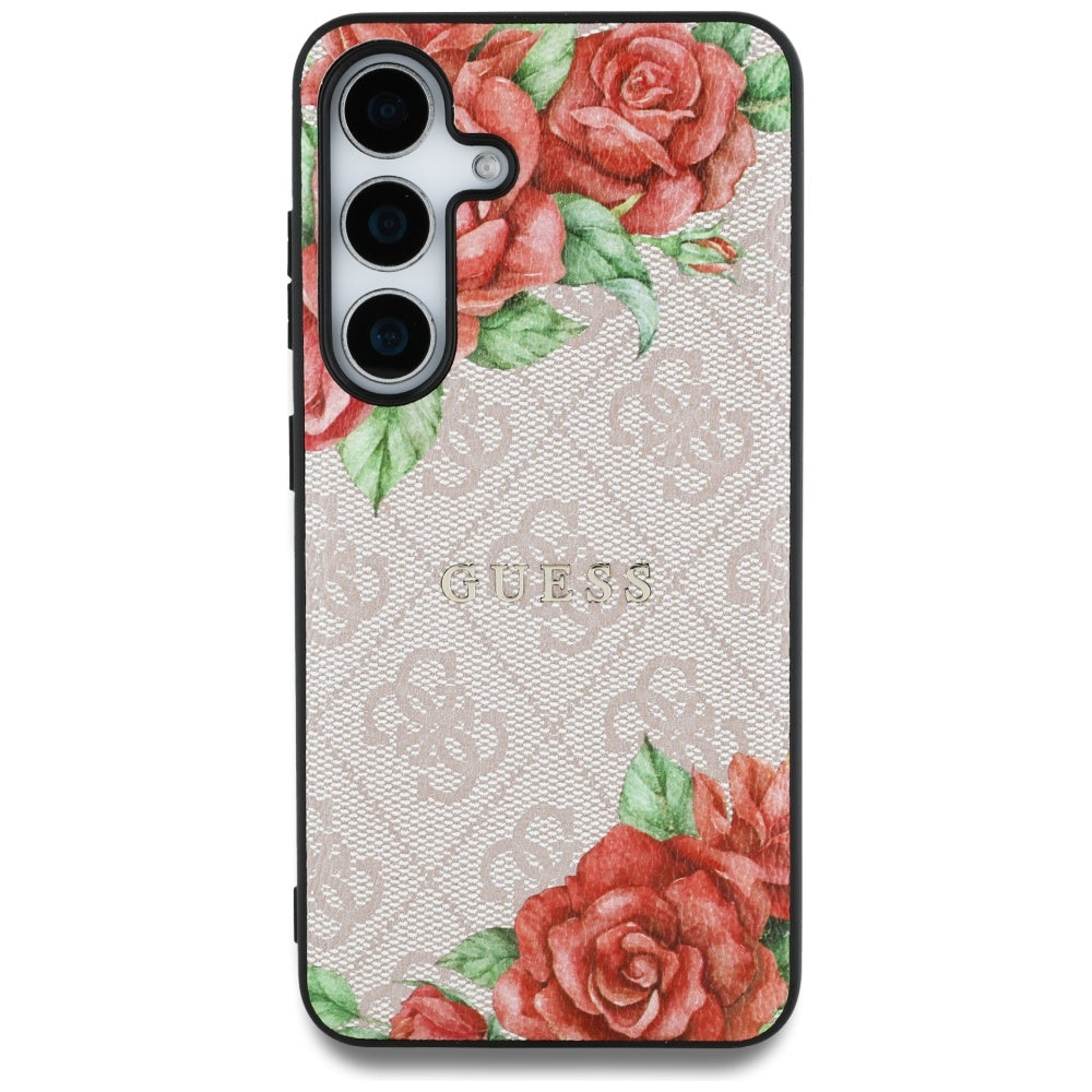 Guess Leather 4G Flowers Print Metal Classic Logo MagSafe Case Samsung Galaxy S25 Pink